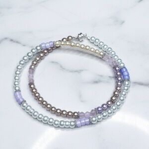 Faux Pearl, Pink Cat’s Eye, Lavender & Silver Toned Wire Wrap Bracelet